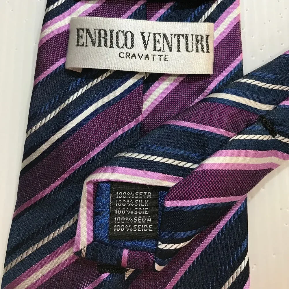 Enrico Venture Cravatte Multicolor Silk Striped Wide Long Mens Necktie 61”